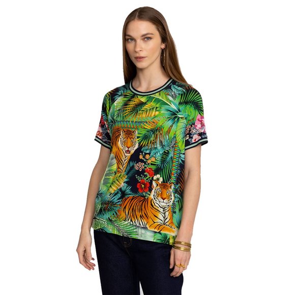 Johnny Was Janie Favorite Raglan Tee Tigres Wildlife Green Blue Top Shirt NEW - Picture 1 of 7